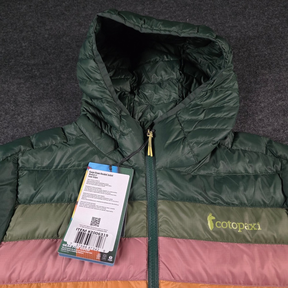 Cotopaxi Green Fuego Down Hooded Jacket Cargo Stripes 800 FP Colorblock Womens S - Picture 9 of 16